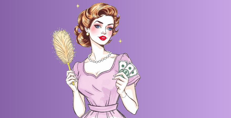 Illustration of 1950's era woman holding duster and money.